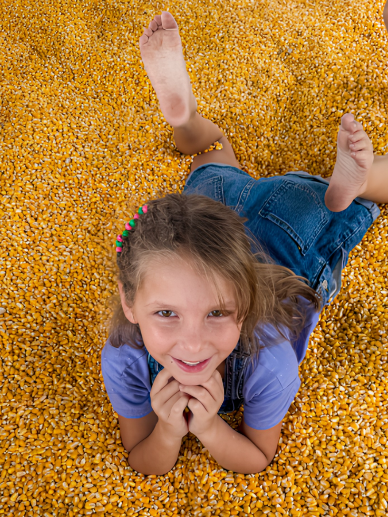 Girl playing in corn bin attraction at Dade City Farms in Florida